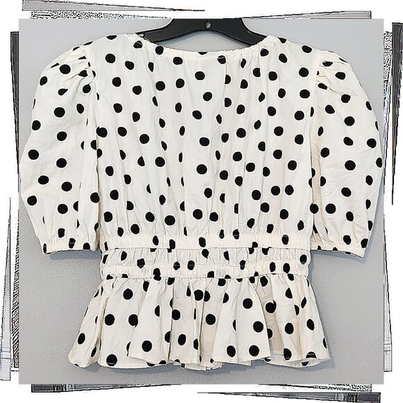 Black & White Polka Dot Peplum Button Front / Tie Style Top (S) by Maeve - Picture 4 of 4